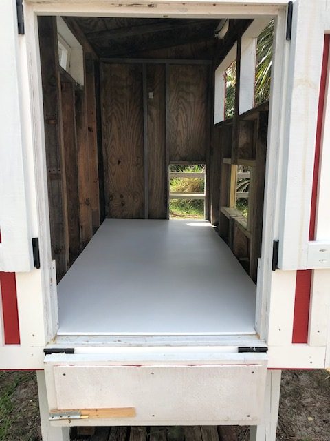 The inside of the coop. This is prior to final installation of the nesting boxes and before the remaining marine starboard was installed.